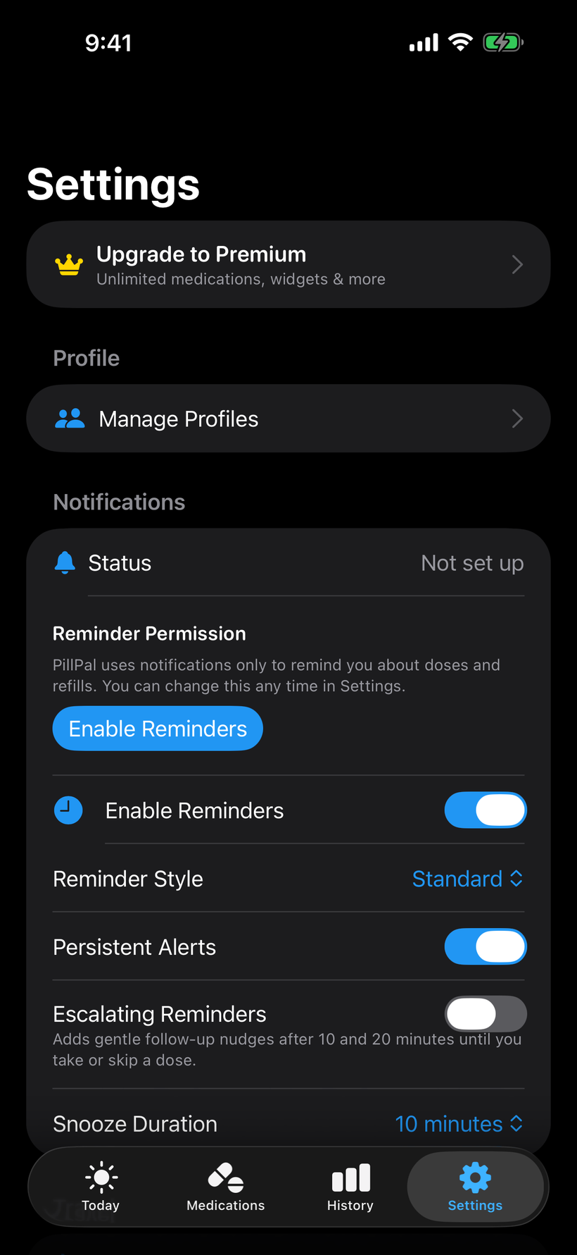 PillPal reminder and notification settings
